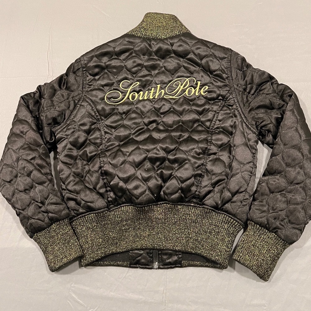 Southpole Womens Quilted Bomber Jacket Black Gold Metallic Y2K Streetwear Large